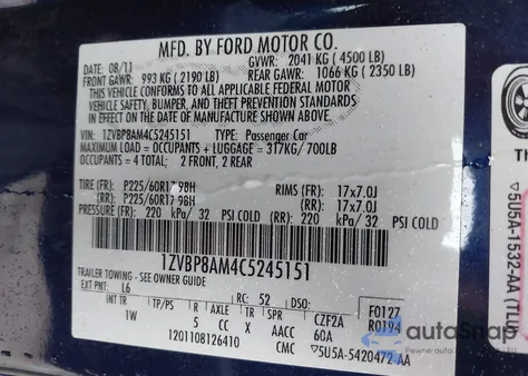 2012 Ford Mustang V6 z USA, uszkodzony, nr VIN 1ZVBP8AM4C5245151